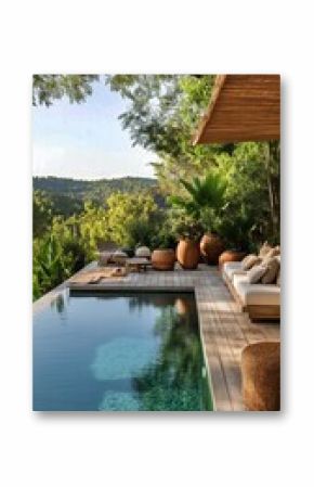 Elegant Outdoor Lounge Area With Serene Pool Surrounded by Lush Greenery in a Private Garden Setting.