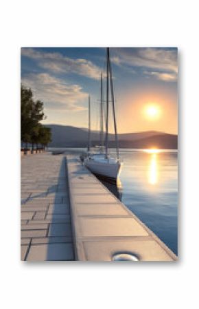 Sailboat docked at concrete pier during sunset, calm water, peaceful atmosphere, scenic landscape, clear sky, tranquil evening