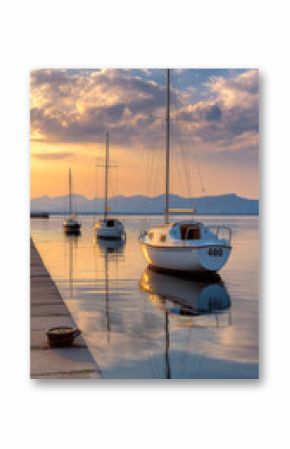 Sailboat pier sunset calm water reflection sky cloud mountain peaceful dock. Sailboats anchored near concrete pier at sunset tranquil mood