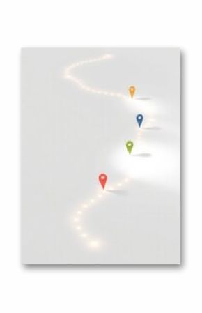 Colorful location pins mark a winding path illuminated by glowing lights, symbolizing progress and direction.