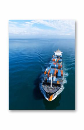 Panoramic aerial view of a cargo container ship sailing across a tranquil sea under a clear sky