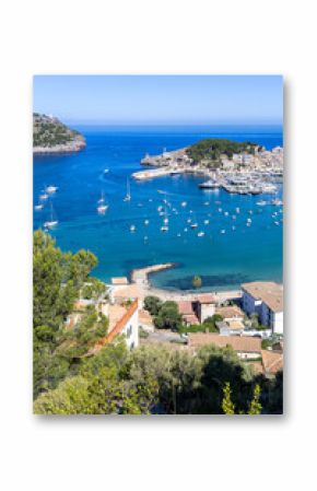 Port de Soller on Mallorca island from above marina with boats portrait format holiday by the sea beach in Spain