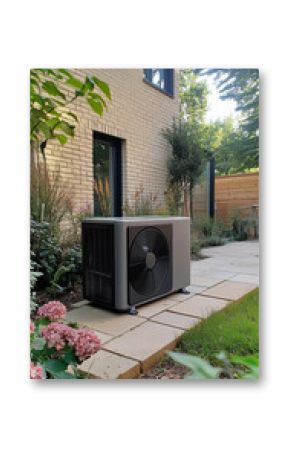 Residential HVAC unit in landscaped backyard setting. Air conditioning system, climate control equipment on green grass