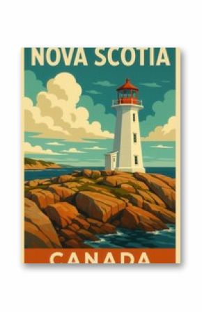 A classic tall white lighthouse stands on the rugged red rocks along the coast of Nova Scotia under a bright sky filled with clouds and views of the surrounding sea