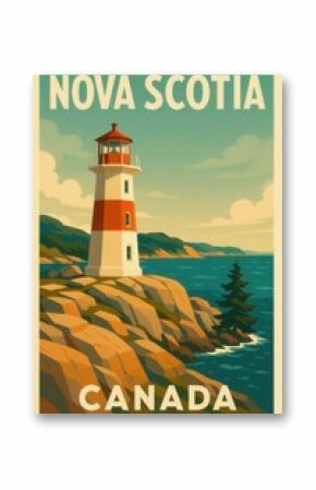 A red and white striped lighthouse overlooks the rocky shores of Nova Scotia with a pine tree nearby and waves crashing below under a partly cloudy sky