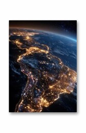 Nighttime satellite view of South America illuminated by city lights, showcasing the continent's geography and urban development from space.