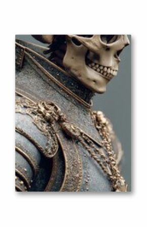 Detailed and ornate skeleton in silver armor with intricate designs against a plain background