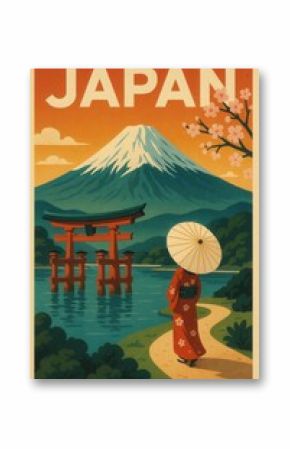 Japanese travel poster showing woman in kimono with parasol walking near lake and Torii gate with cherry blossoms and Mount Fuji in spring setting