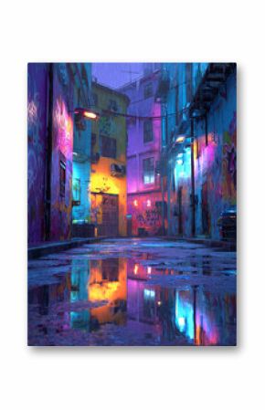 Ai generated image of a wet city alleyway at night is illuminated by colorful graffiti and neon lights