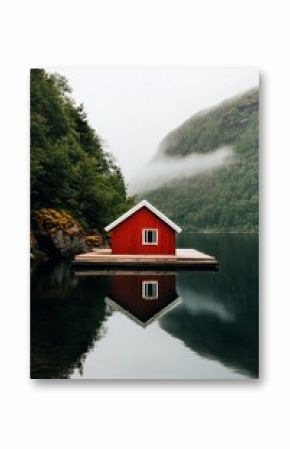 Red Cabin on a Floating Dock Reflects in Still Mountain Lake Surrounded by Misty Hills