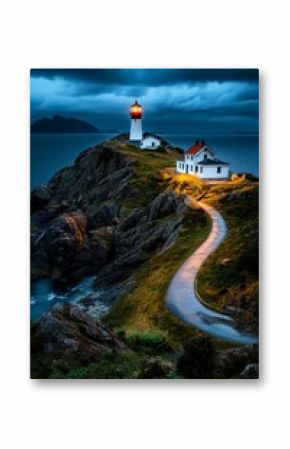 Lighthouse Stands Tall Against Dark Stormy Skies at the Coast During Twilight Hours.