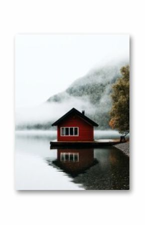 Red Cabin on Small Island Reflecting in Calm Water Surrounded by Misty Mountains.
