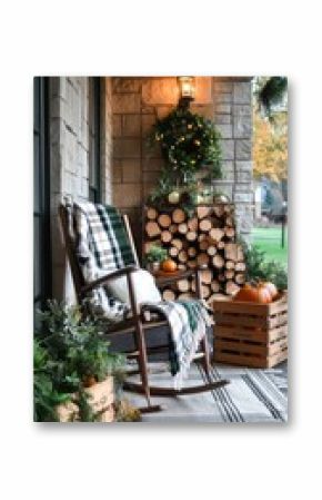Cozy Autumn Porch With Rocking Chair, Pumpkins, and Warm Decor in a Charming Setting.