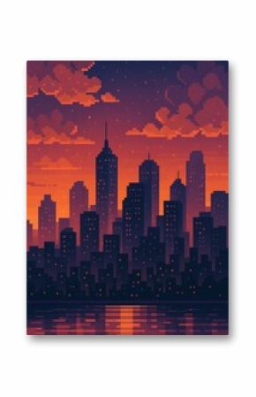 Pixelated sunset cityscape illustration.