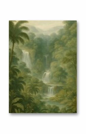 Lush tropical waterfall landscape illustration.