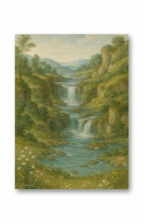 Serene cascading waterfall landscape