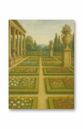 Classical garden with vibrant flowers.