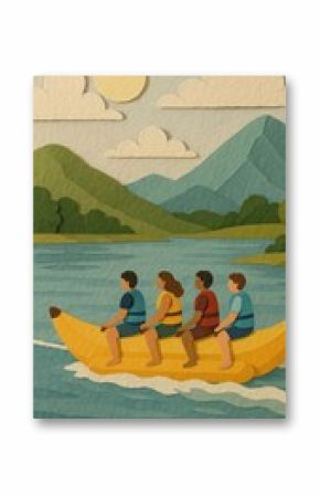 Playful paper-cut banana boat adventure.
