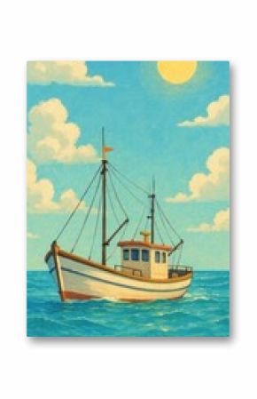 Serene fishing boat illustration.