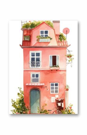 PNG Cozy Nordic Apartment house illustration watercolor bicycle.