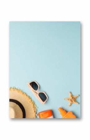 Summer flat lay background on blue.