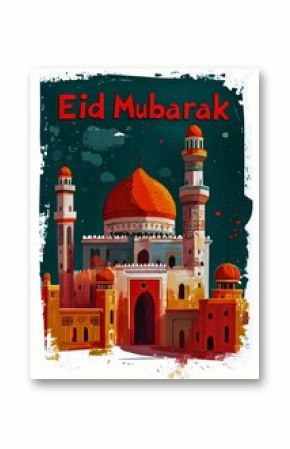 Celebrating Eid Mubarak With a Vibrant Illustration of an Ornate Mosque at Twilight