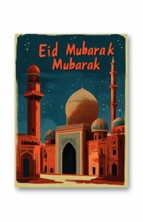 Colorful Celebration of Eid Mubarak With Architectural Landmarks in Vibrant Hues.
