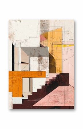 Abstract architectural composition of a deconstructed cubist building rendered in warm terracotta and ochre tones with a textured paper collage effect and fine abstract line art overlays.