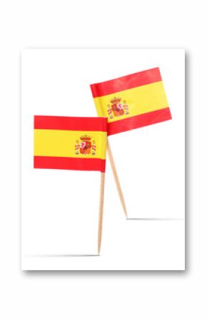 Small paper flags of Spain on white background