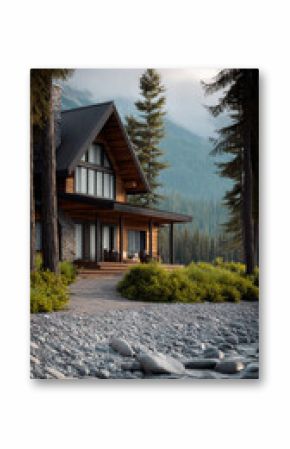 Cozy cabin mountain forest stone wood porch tranquil nature river scenic view. peaceful cabin nestled in forest by rocky riverbank