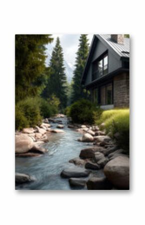 Cozy cabin beside mountain stream, surrounded by pine tree, stone, and lush green bush, peaceful nature retreat, summer day