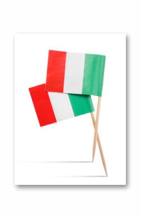 Small paper flags of Italy on white background