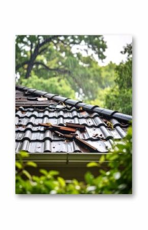Damaged roof tiles in a rainstorm