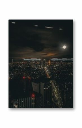3 January 2024, Shibuya, Japan – Night cityscape of Tokyo seen from Shibuya Sky at Shibuya Scramble Square, with illuminated buildings, roads, and a glowing moon.