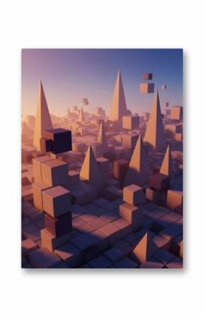 Geometric dreamscape with floating shapes and gradient lighting evokes modern abstract art