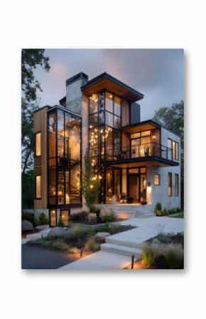 Modern Two-Story House with Glass Balcony at Dusk