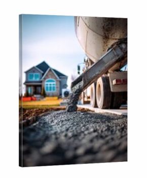 Cement Truck Pouring Concrete on a Construction Site with a House in the Background on a Sunny Day