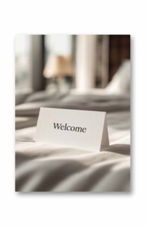 Closeup of welcome card standing on bed in hotel room with soft focus background, card displaying printed welcome message, inviting guest upon arrival, no people visible