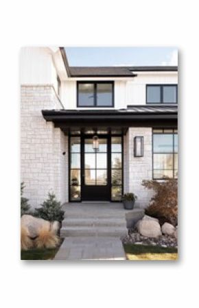 Modern home entrance featuring stone facade and contemporary design elements in a serene suburban neighborhood during daytime