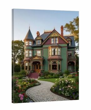Beautiful Victorian Mansion with Lush Flower Garden at Sunset.
