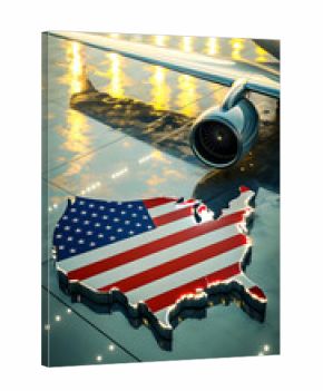 3D USA flag map on airport tarmac next to an airplane