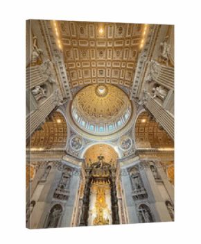 Ornate, gilded dome and ceiling of St. Peter's Basilica, features a golden sunburst design, decorated with intricate mosaics and paintings. Luxurious decoration of the Vatican iconic interior