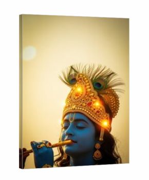 Lord krishna, the hindu deity, playing his divine flute, adorned in a golden crown with peacock feathers