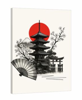 Travel poster style collage of Japan with red sun, pagoda, sakura blossoms, Mount Fuji volcano and water, iconic Japanese landscape.