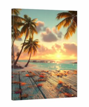 Dreamy tropical beach sunset with palm trees and fallen leaves on wooden dock