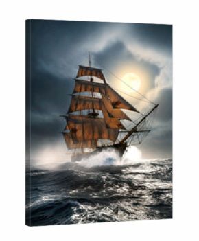 A wooden tall ship with glowing brown sails braving rough ocean waves in dramatic dark cloudy sky 