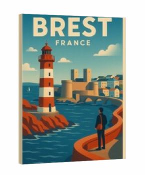 Coastal scene of Brest France featuring a red and white lighthouse, seaside fortifications, a man walking on a curved stone path, and a calm blue sea with distant sailboats