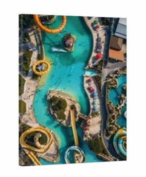 Aerial top down view of waterpark outdoors transportation architecture.
