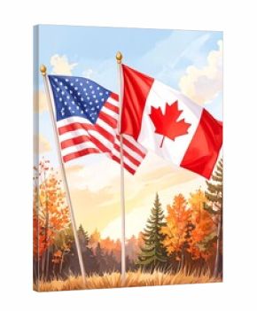 Two national flags, the American and Canadian, wave gently against a backdrop of autumnal foliage in a serene, outdoor scene.