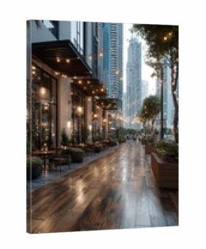 Urban walkway lined with restaurants, illuminated by string lights, leading to tall buildings